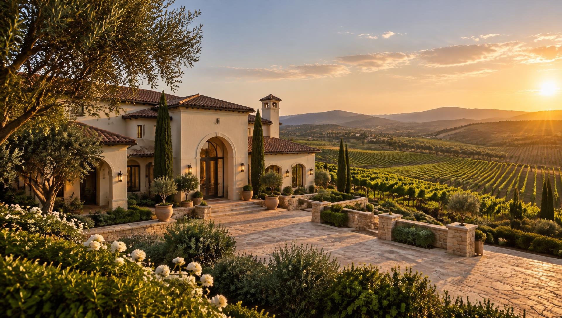 A clean wine-country estate and vineyard at golden hour